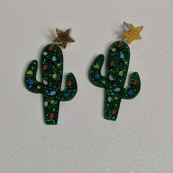Cactus Christmas Decoration Multi Color Bulbs Glitter Drop Earrings - Picture 5 of 6